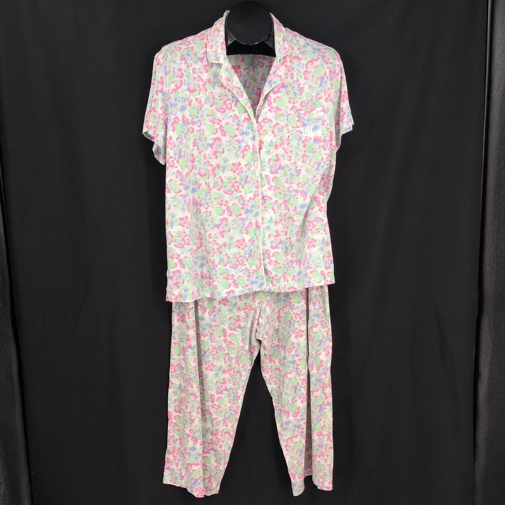Lauren Ralph Lauren Floral Pajama Set Button Up Crop Pants Cottage Dainty XLarge